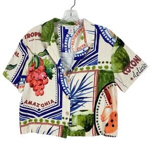 nwot RACHEL ZOE Top Shirt Blouse M Linen Tropical Fruit Wood-Btn Short-Sl V-Neck